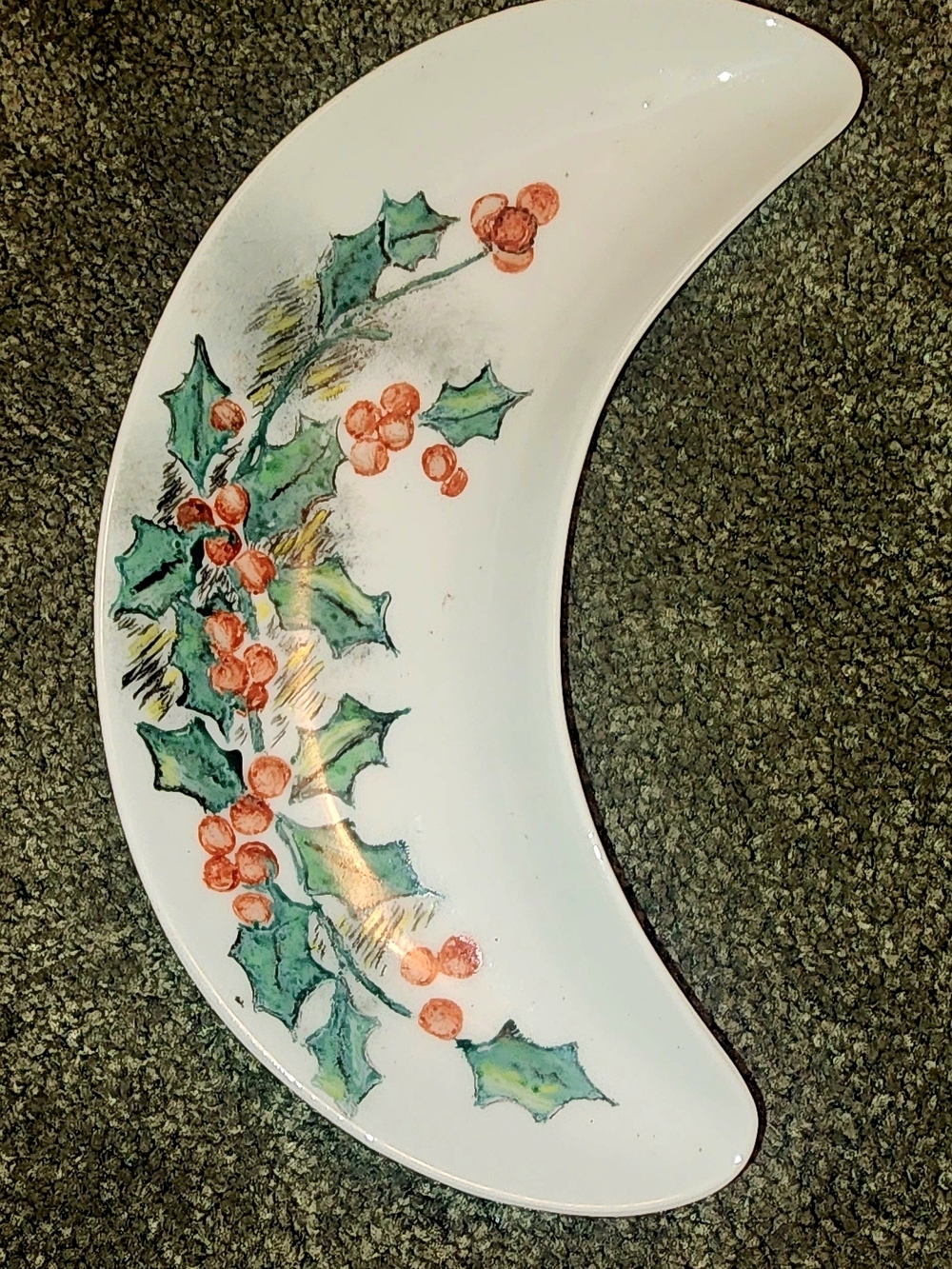 Vintage German Christmas 1935-1945 Crescent Holiday Plate with Holly and Berries